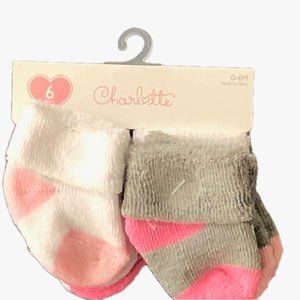 Charlotte Baby Girl Socks Pastel Pinks Greys Whites 6 Pair Size 0-6M